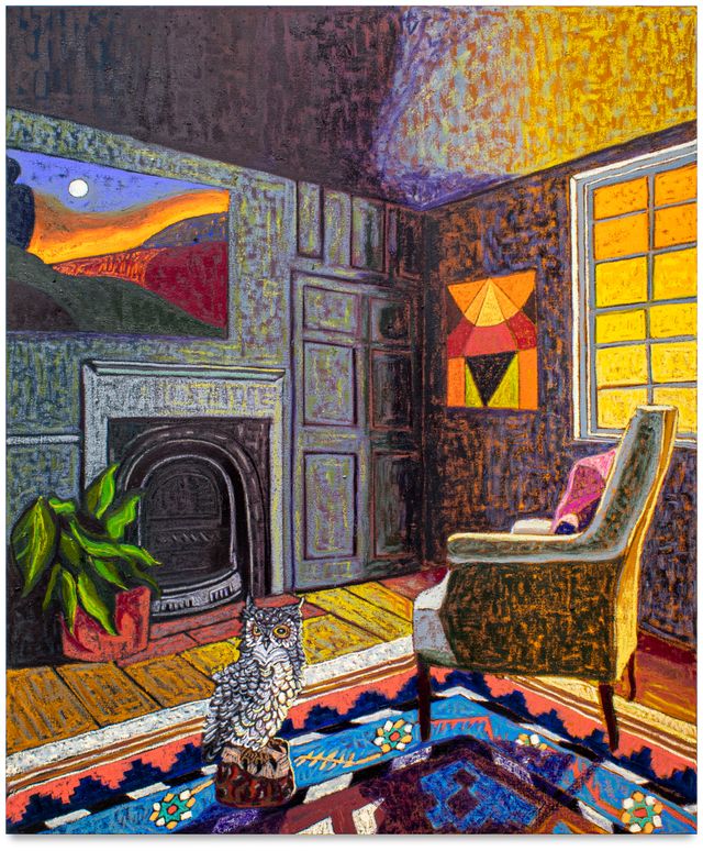 Image of artwork titled "Interior with Owl Sculpture &amp; Dhurrie Rug" by JJ Manford