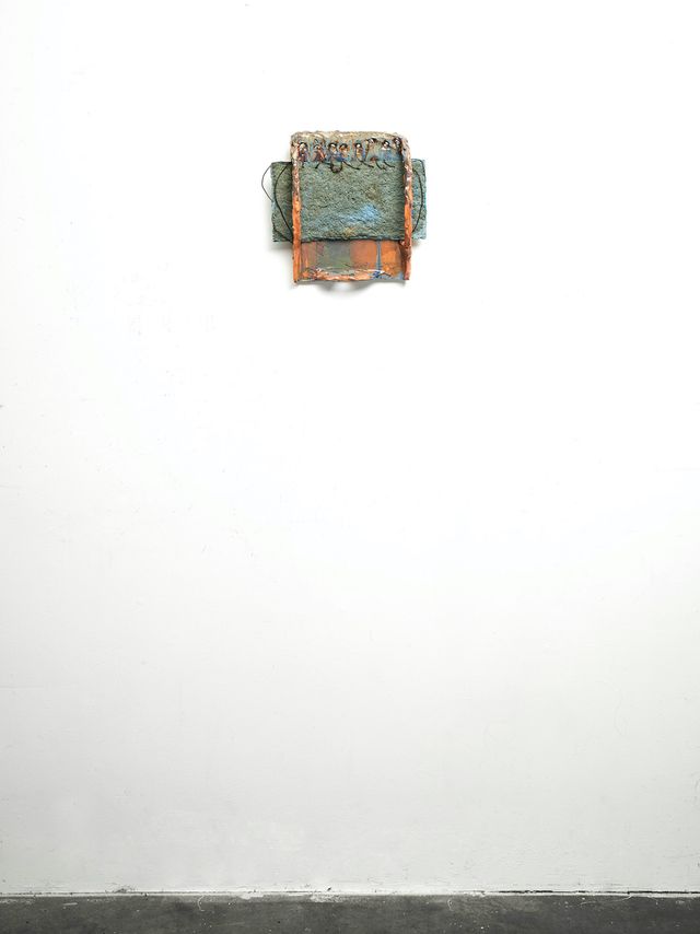 Image of artwork titled "Untitled (blue brown tray wall piece)" by Sahar Khoury