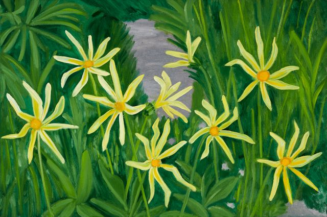 Image of artwork titled "Giverny 15: Yellow Dahlias/Path" by Janet Alling