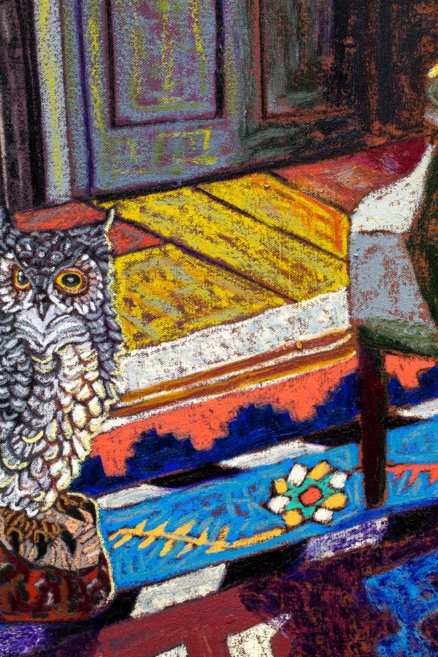 Image of artwork titled "Interior with Owl Sculpture &amp; Dhurrie Rug" by JJ Manford