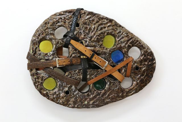 Image of artwork titled "Untitled (yellow blue green spots with brown and black belts)" by Sahar Khoury