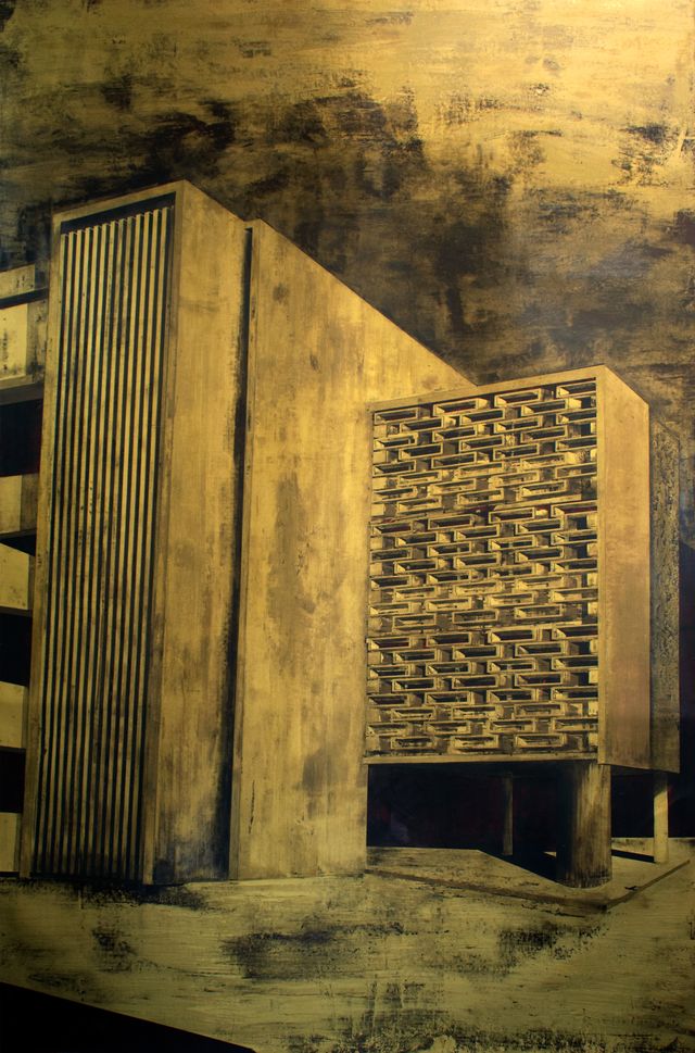 Image of artwork titled "ID. Puerto Rico: Facultad Ciencias Sociales Universidad de Puerto Rico, Recinto Río Piedras 1951-1964 Arq. Henry Klumb from the Ficción Caribeña series" by Rogelio Báez