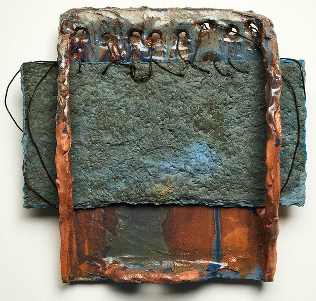 Image of artwork titled "Untitled (blue brown tray wall piece)" by Sahar Khoury