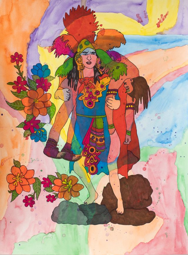 Image of artwork titled "Popo and Izta, from the Heroes and Mom's Manteles series" by Karla Diaz