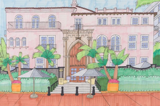 Joe Zaldivar, Villa Casa Casuarina at the former Versace Mansion, 1116 Ocean Drive, Miami Beach, Florida, Marker on Paper, 2022. Presented by Tierra del Sol Gallery. 