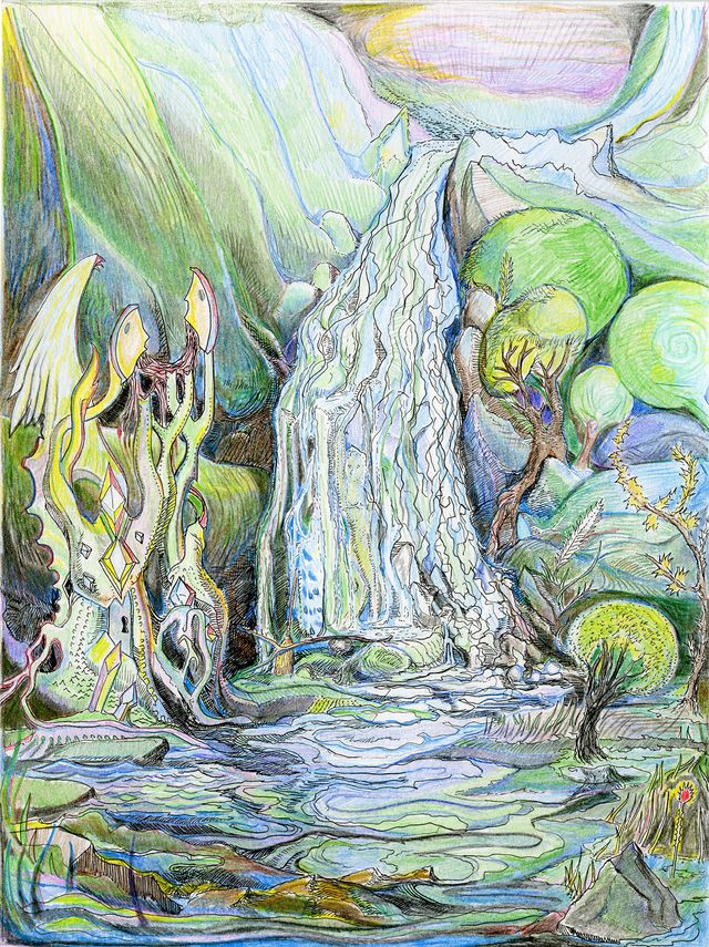 Image of artwork titled "Frozen Waterfall and Interstitial time Conversation" by Max Razdow