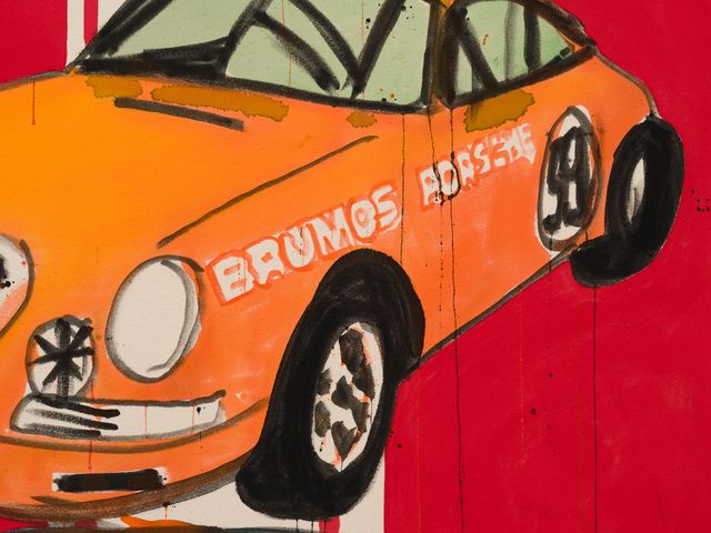 Image of artwork titled "Orange Porsche and Red Racing Stripes" by Liz  Markus