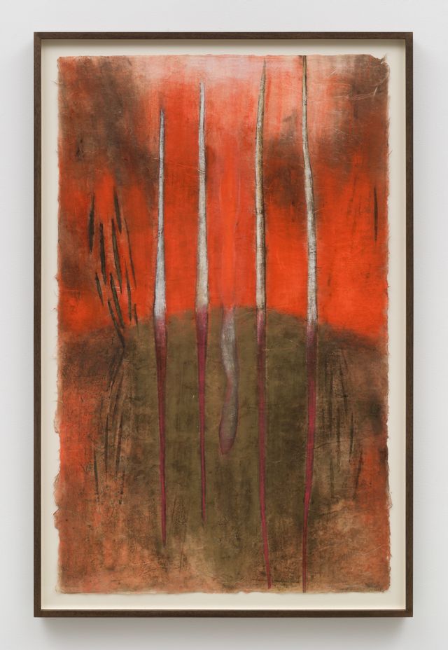 Image of artwork titled "Red Sky, White Trees" by Mira Schor