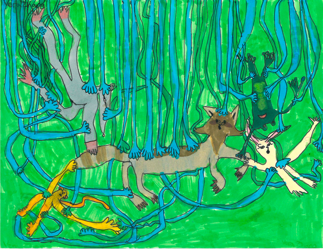 Image of artwork titled "Frog and Friends Caught by the Centipede" by Vera Zhang (age 6)