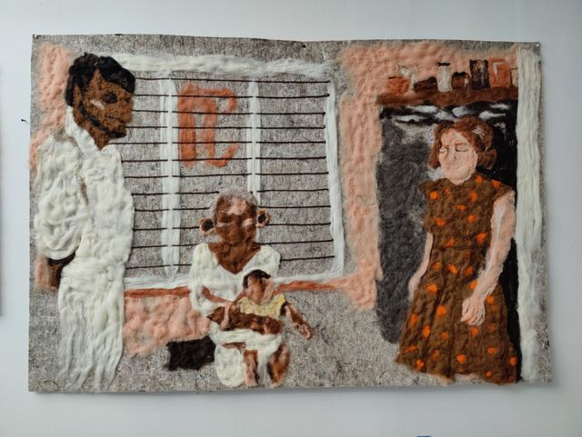 Image of artwork titled ""Mom, Francis, Penama's Mom with Julie on Porch, Kochi"" by Melissa  Joseph