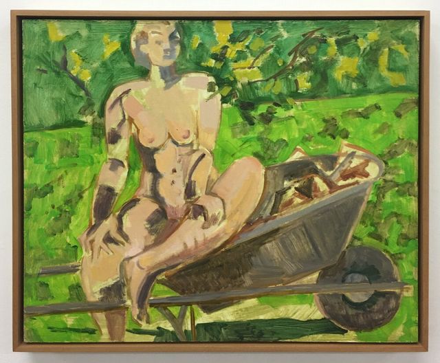 Image of artwork titled "Seated Nude in Wheelbarrow" by Lois Dodd