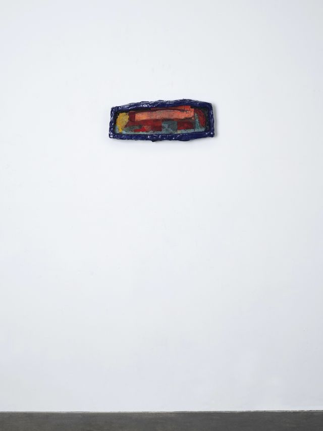 Image of artwork titled "Untitled (factory skyline landscape wall piece with indigo frame)" by Sahar Khoury
