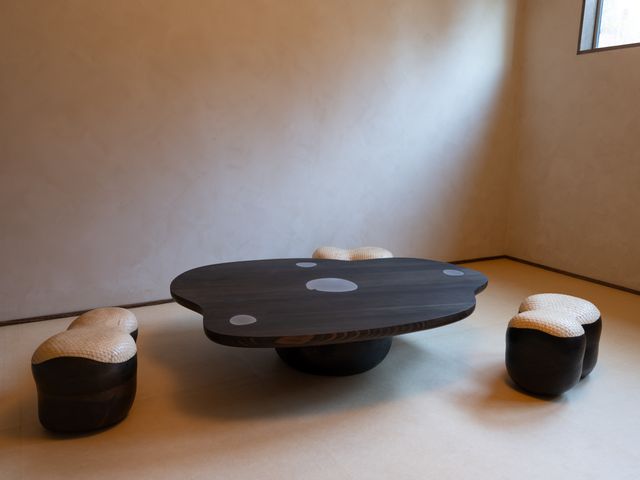 Image of artwork titled "Ebony Coffee Table and Hanji Stools" by Uju (Will Hu &amp; James Chung)