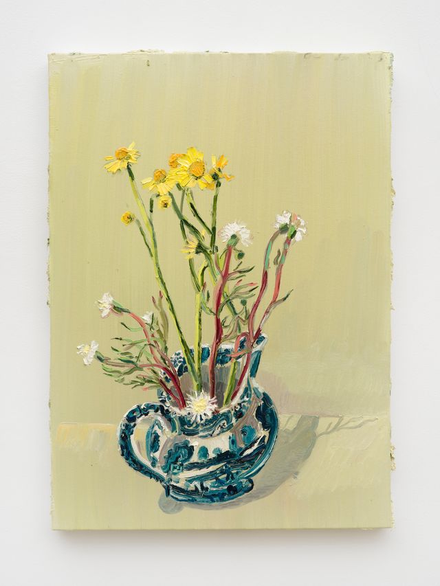 Image of artwork titled "Mum’s Pot with Wildflowers (Brittlebrush and Pincushion)" by Allison Schulnik