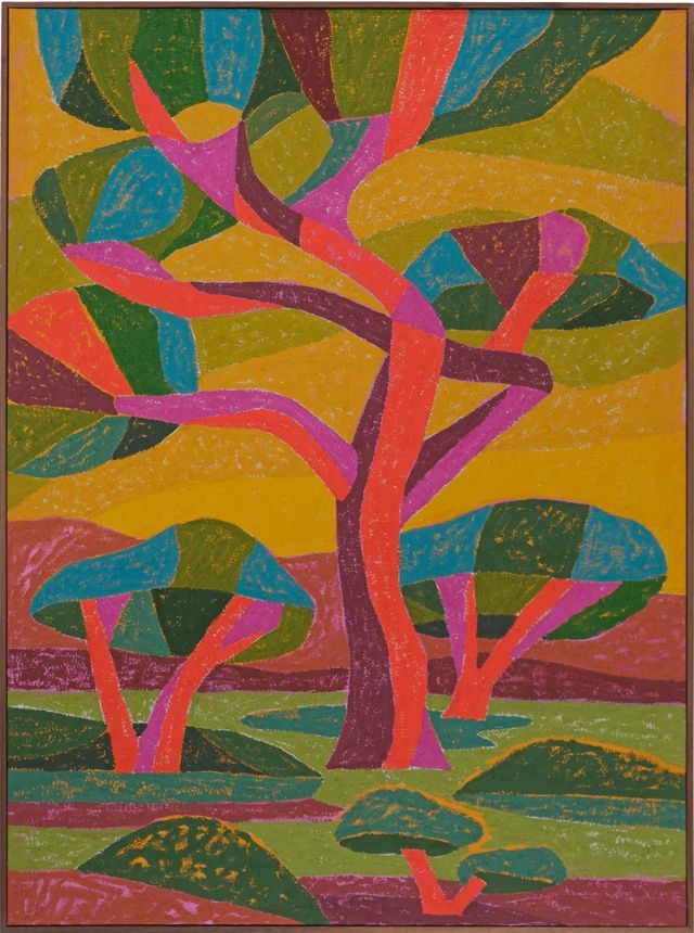 Image of artwork titled "Zebra Tree, 2025 Oil on canvas, wood frame 48 x 36 inches" by Abel Macias