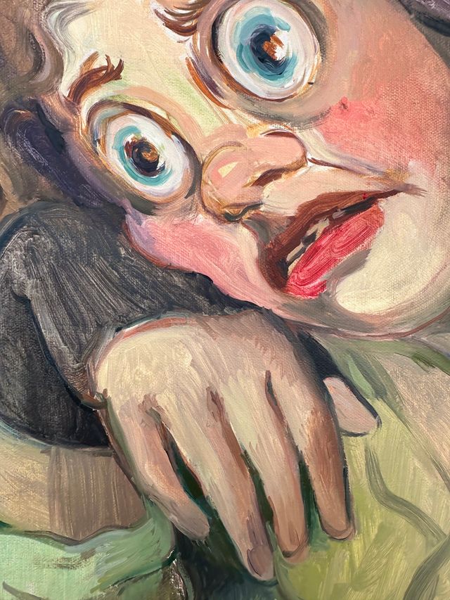 Image of artwork titled "Self-Portrait in Painting Jacket (The week that Granny crunched her hip, Ed Piskor unalived himself, student boards, sore hand sore thumb methylphenidate shortage while painting (this painting) for NADA '24)" by Rebecca Morgan