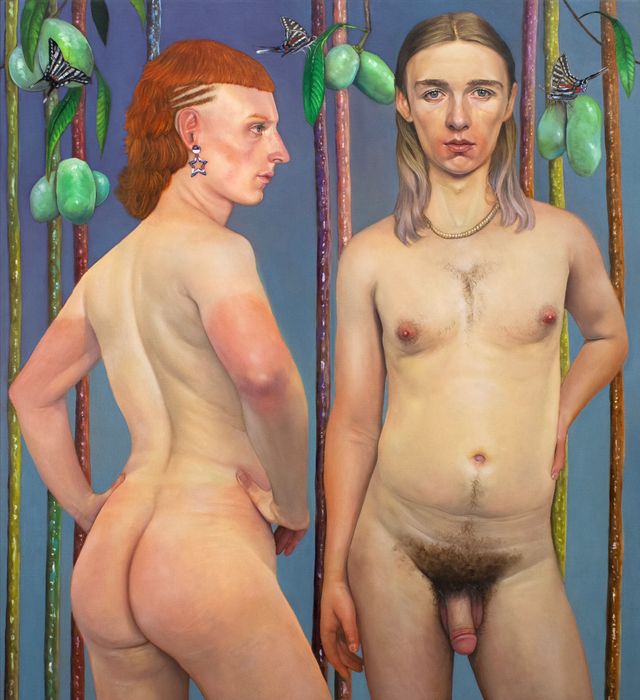 Image of artwork titled "A couple of swale-wise Hercules waiting to fight the rising floods in the pawpaw patch of an uncanny valley" by Barnaby Whitfield