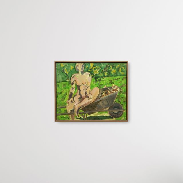 Image of artwork titled "Seated Nude in Wheelbarrow" by Lois Dodd