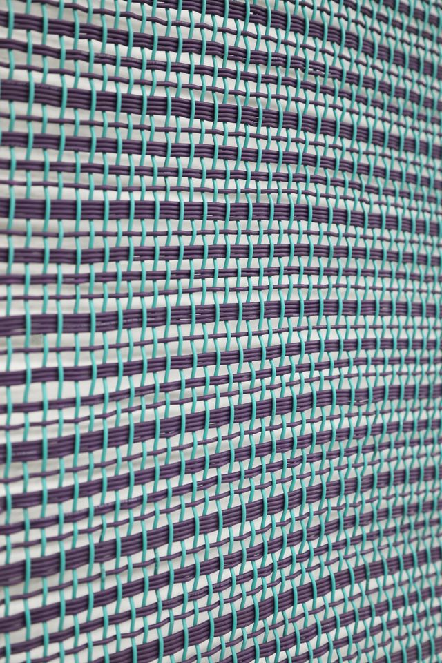 Image of artwork titled "Redes de conversión: Plain weave with numerically different groups of wefts(green and purple)" by Ximena Garrido-Lecca