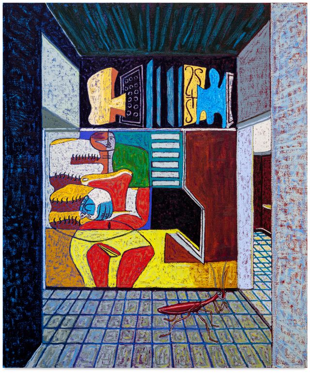Image of artwork titled "Corbusier Interior with Praying Mantis Sculpture" by JJ  Manford