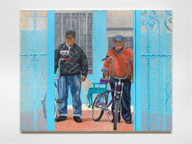 Danielle De Jesus, “Two men and their blue gate,” 2021, acrylic on vinyl table cloth, 48 x 60 inches. Presented by Caldéron Gallery, New York at NADA Miami 2021.