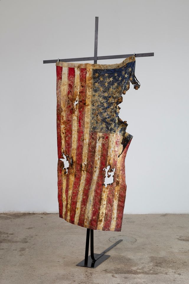 Image of artwork titled "Double Fried American Flag" by Kiyan  Williams