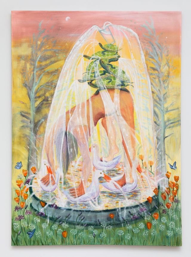 Johanna Robinson, “Fountain (Animate Structure),” 2022, oil and cheesecloth on canvas, 66 x 48 inches. Presented by HESSE FLATOW, New York. 