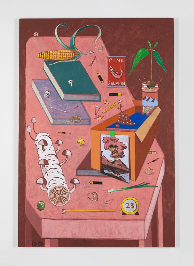 Image of artwork titled "Pink Table with Salmon and Mushroom Log" by Dickon Drury