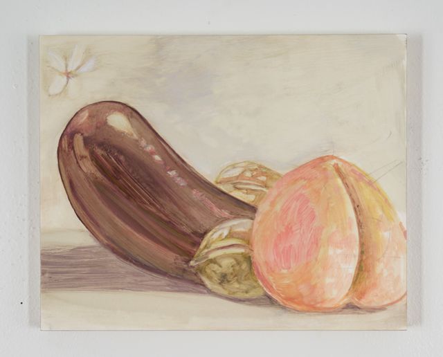 Image of artwork titled "Still Life with Eggplant, Walnuts, Flower and Peach" by Alina Bliumis