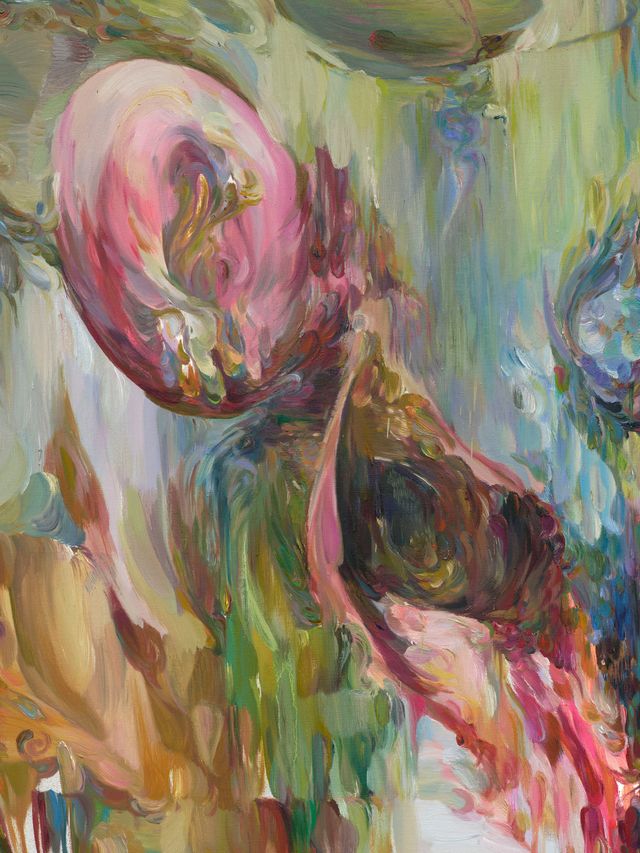 Image of artwork titled "My bones are branches of the stars, where dust spirals outward from within. I curl like ancient oracle bone script, quietly forming the shape of water in the belly of the carp’s migration. When my eyelids close, all the inverted wheat begins to rain, and within my skeleton, another self rises to draw water" by YaYa Yajie Liang