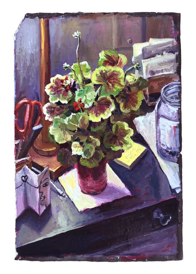 Image of artwork titled "Blood Red Geranium and Letter Opener" by Christine Frerichs