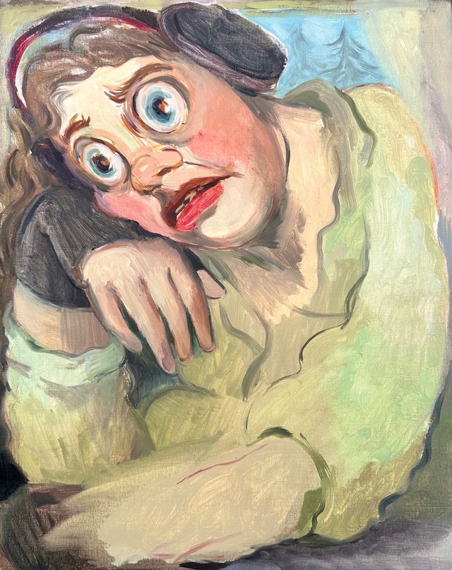 Image of artwork titled "Self-Portrait in Painting Jacket (The week that Granny crunched her hip, Ed Piskor unalived himself, student boards, sore hand sore thumb methylphenidate shortage while painting (this painting) for NADA '24)" by Rebecca Morgan