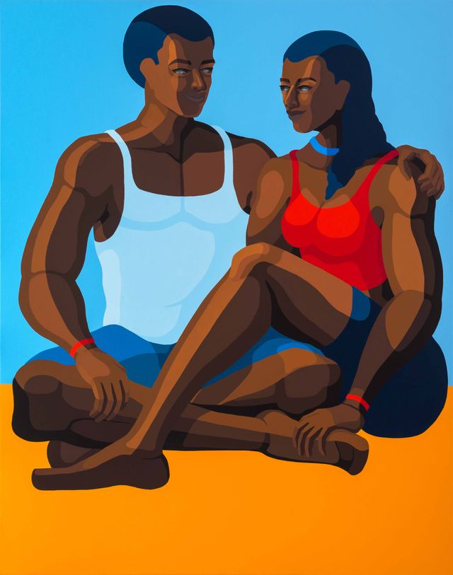 Nirit Takele, “Couple with Red Bracelet,” 2023 Acrylic on canvas 55 1/8.x 43 1/4 inches.
