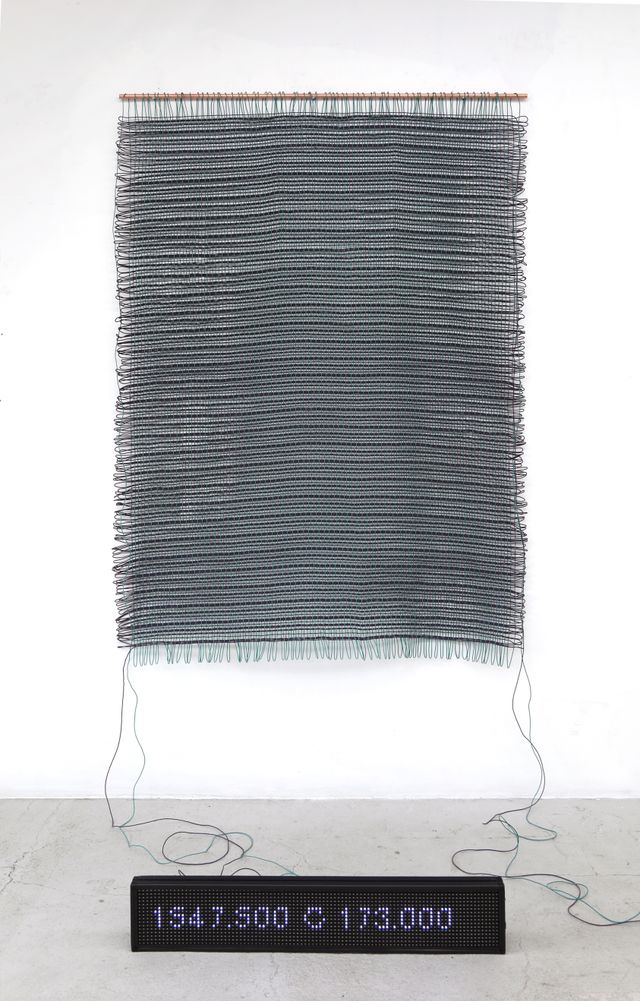 Image of artwork titled "Redes de conversión: Plain weave with numerically different groups of wefts(green and purple)" by Ximena Garrido-Lecca