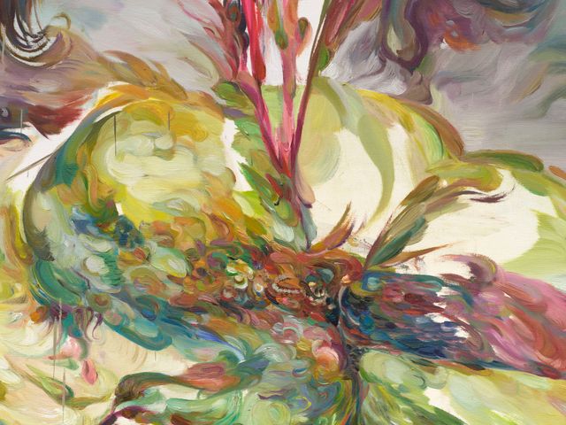Image of artwork titled "My bones are branches of the stars, where dust spirals outward from within. I curl like ancient oracle bone script, quietly forming the shape of water in the belly of the carp’s migration. When my eyelids close, all the inverted wheat begins to rain, and within my skeleton, another self rises to draw water" by YaYa Yajie Liang