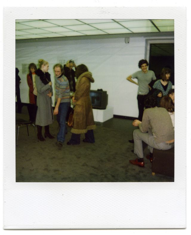 Jiri Kovanda, Passing between (during the opening I’m passing between the visitors who are talking to each other), Kunstverein Frankfurt, polaroid, 88x108mm, framed, unique. Courtesy of the artist and SVIT Prague.